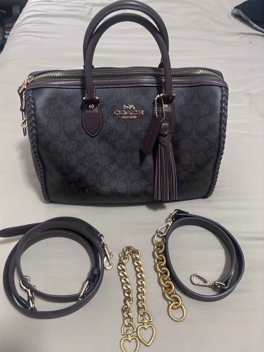 Coach Rowen Braided Large Satchel Bag In Signature Canvas with Fringe